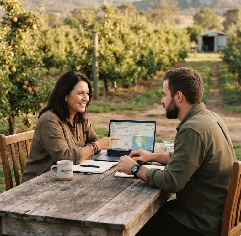 A discussion over a cup of coffee at her orchard.