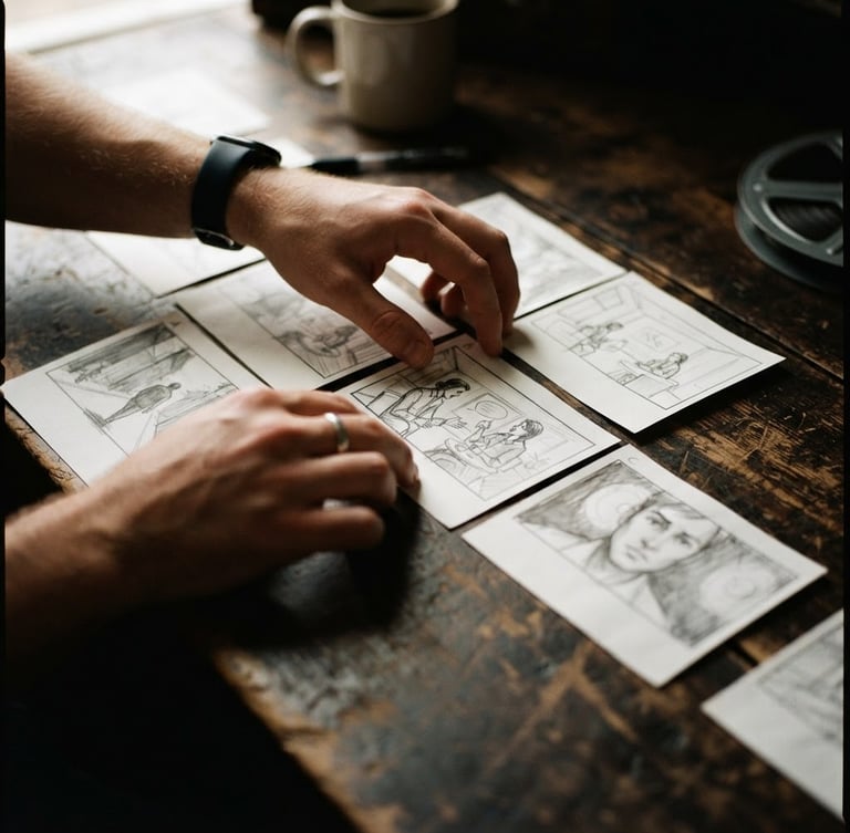 Cinematic editorial photography, close-up of hands arranging physical storyboards on a dark wooden table, high-contrast natural light casting deep shadows, warm muted tones, 35mm film grain