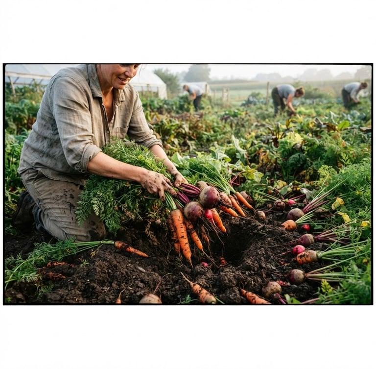 Wide panoramic early morning harvest, hands pulling root vegetables from dark soil, soft diffused natural light, rich high-contrast tones, 35mm lens