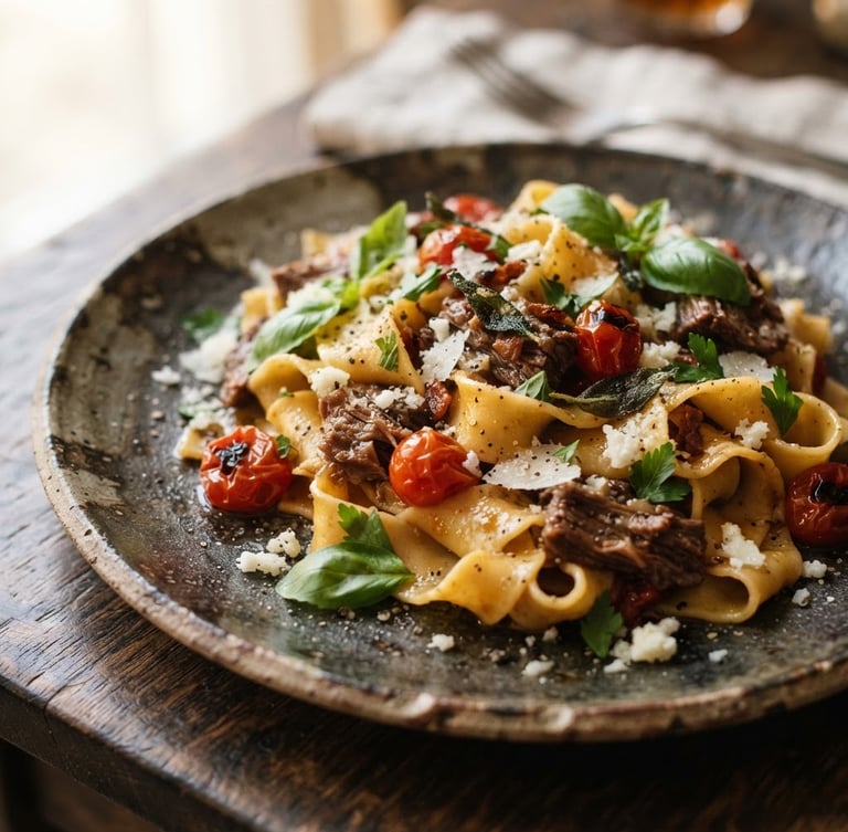 Tight macro shot of a beautifully plated artisanal pasta dish on a rustic ceramic plate, rich high-contrast tones, soft diffused window light, 35mm lens.