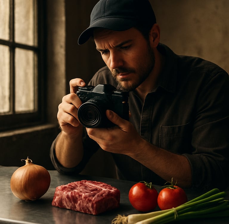 Portrait frame of an agency photographer holding a 35mm camera, focusing on raw ingredients on a stainless steel prep table, soft window light, rich high-contrast tones, gritty authentic atmosphere.
