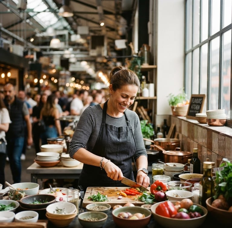 Portrait shot of a bustling modern food market, vendors prepping fresh ingredients, soft diffused window light, rich high-contrast tones, warm editorial photography, 35mm lens