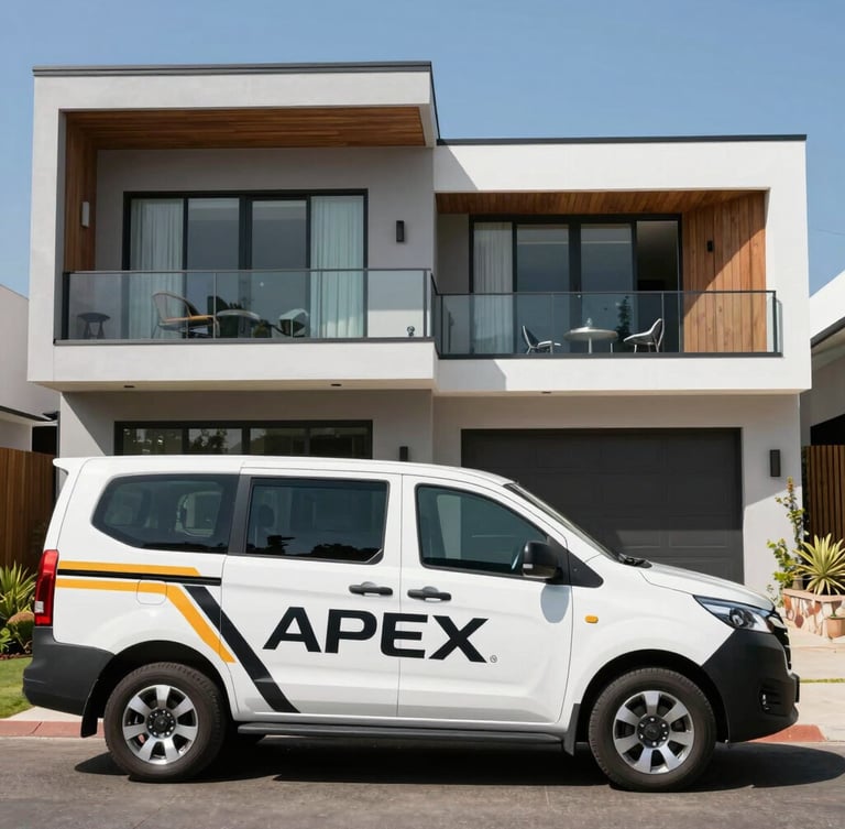 A professional cleaner in navy uniform carefully removing debris from a freshly built industrial site under bright daylight.
