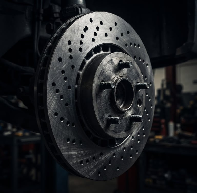 Moody technical photography of a pristine metallic brake disc with sharp ventilation holes, high-contrast directional workshop lighting, deep charcoal and metallic tones, sharp macro focus