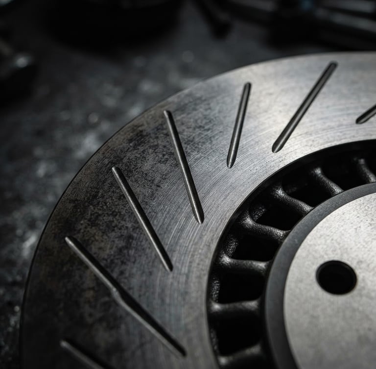 Extreme macro close-up of a pristine metallic brake disc with sharp slots, directional workshop lighting, dark textured charcoal background, technical precision