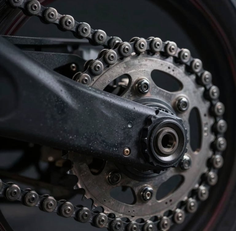 Macro close-up of a high-performance motorcycle drive chain and rear sprocket, sharp metallic teeth, moody dramatic workshop lighting, dark background