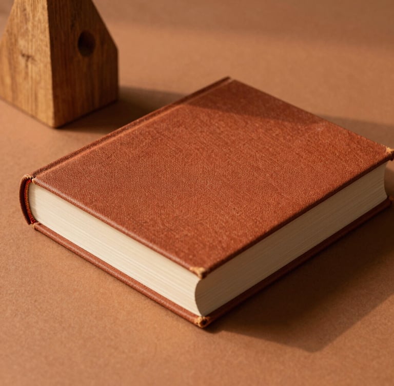 Vue rapprochée d'un livre relié en lin terracotta posé à côté d'un objet géométrique en bois brut, ombre douce de fin d'après-midi sur fond ocre.