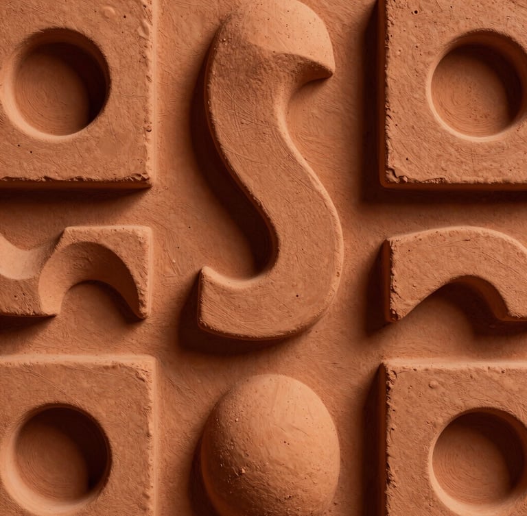 Composition abstraite de formes géométriques en terre cuite et ocre, textures rugueuses et ombres nettes évoquant la structure et la médiation.