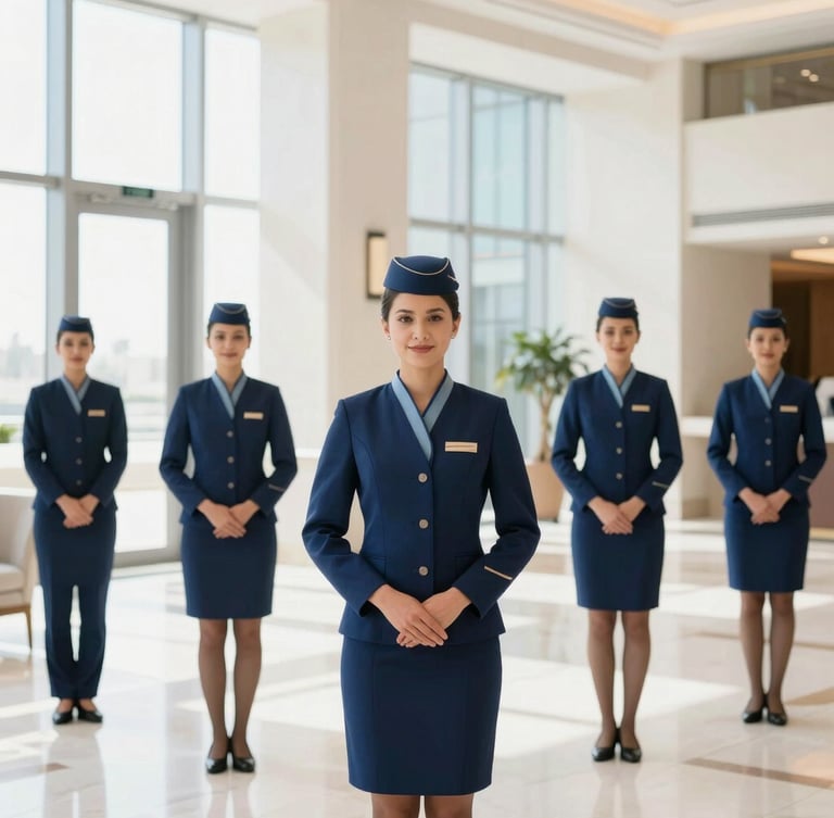 Immaculate hospitality staff in crisp dark blue uniforms standing in a bright, high-key luxury hotel lobby in Doha, daylight streaming through large glass windows, editorial 35mm photography