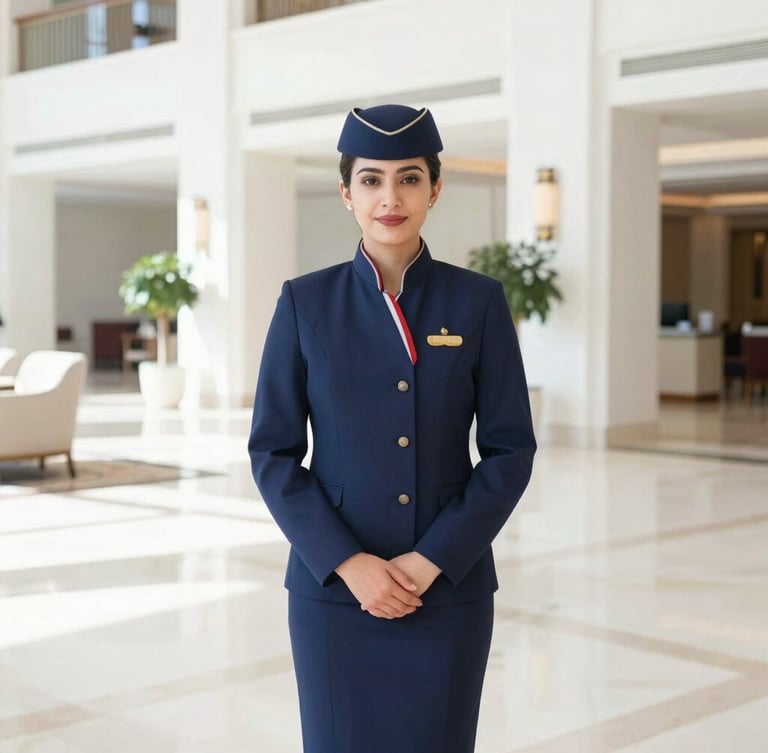 An editorial portrait of a professional hospitality specialist in an immaculate navy uniform standing inside a pristine, sunlit Qatar hotel lobby, 35mm