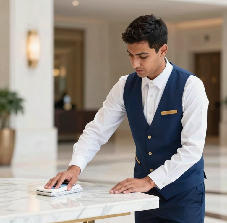 Bright editorial photography of a professional hospitality staff member in an immaculate uniform, polishing a marble surface in a luxury Doha hotel lobby, crisp daylight, sharp focus, 35mm