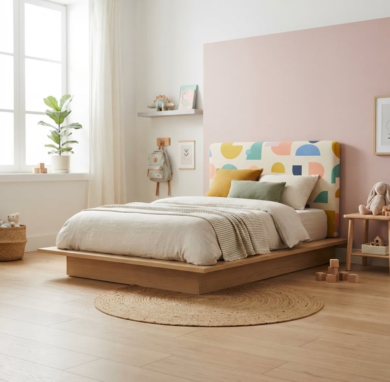 Low-angle shot of a low platform twin bed with a colorful fabric headboard in a bright, minimalist kids' room, natural morning light, clean pastel color blocks, sharp architectural focus, 35mm.