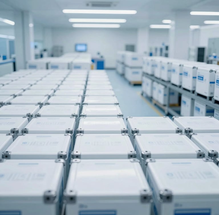Panoramic view of a modern logistics hub with pharmaceutical containers being loaded, cool blue and white tones, high-key clinical light, wide architectural framing, 35mm