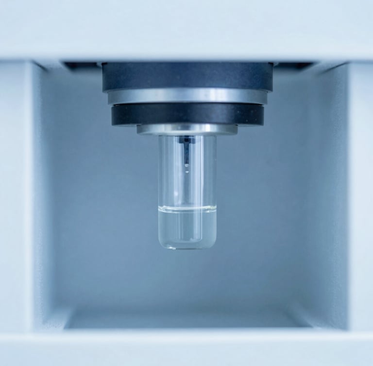 Macro shot of a high-precision liquid chromatography system analyzing a pharmaceutical sample in a sterile laboratory, cool bright clinical light, sharp focus on the glass and liquid, blue and white tones.