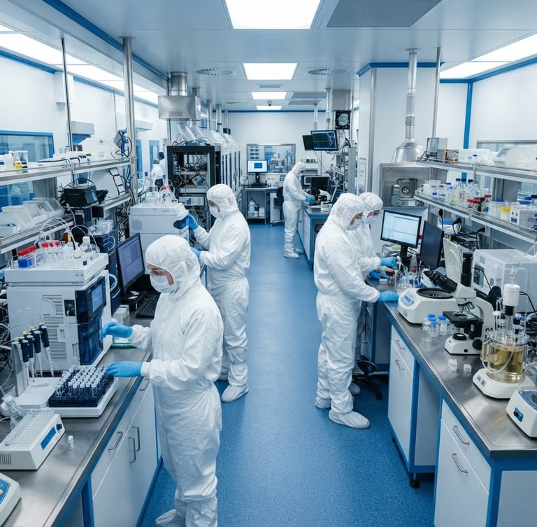 Wide shot of an advanced pharmaceutical research laboratory, scientists in cleanroom suits working with high-precision analytical equipment, cool bright studio light, sterile blue and white tones, sharp macro focus, 35mm.