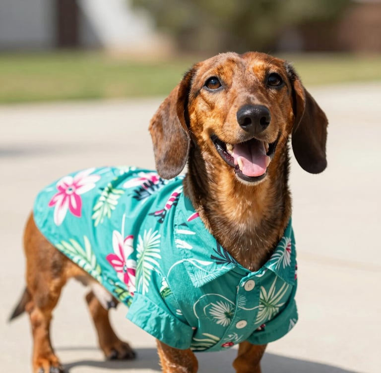 Candid eye-level portrait of a happy, long-bodied Dachshund wearing a vibrant teal custom-tailored Hawaiian shirt, bright warm natural daylight, shallow depth of field, 35mm