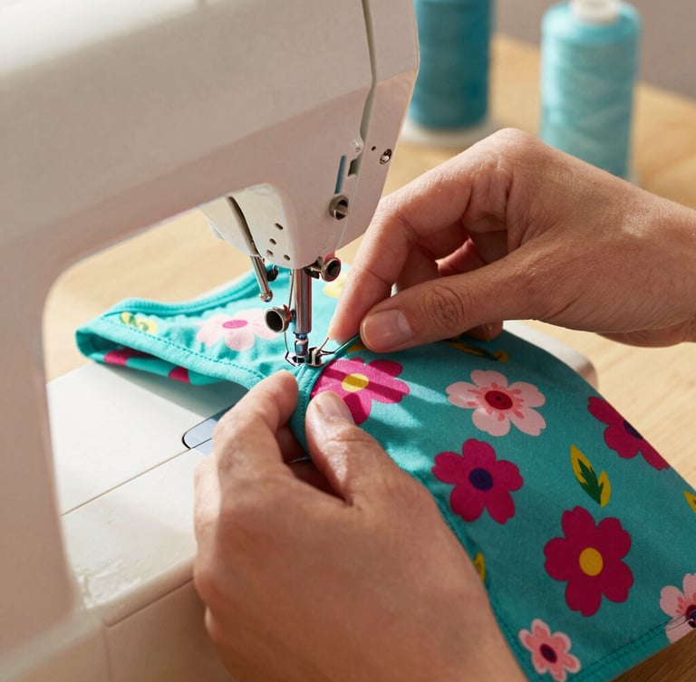 Close-up of hands carefully sewing a colorful floral dog shirt on a vintage sewing machine, bright warm natural daylight, teal threads visible, 35mm