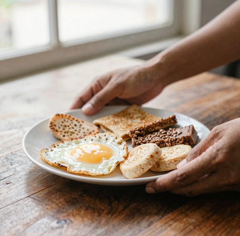 A close-up of hands placing a freshly prepared Malaysian breakfast plate on a rustic wooden table, soft morning light, coffee brown and cream tones, 35mm