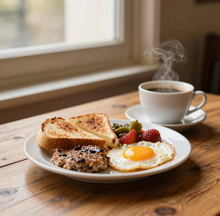 A steaming cup of coffee next to a freshly plated local breakfast dish on a rustic wooden table, soft golden window light, warm editorial style