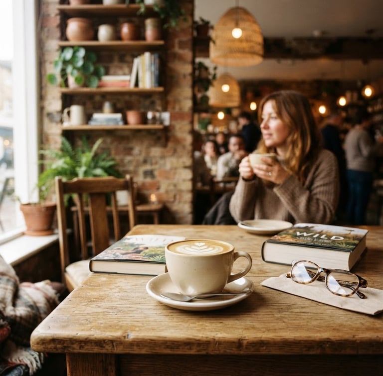 Warm editorial photography of a cozy café corner with wooden tables and soft natural window light, rich cream and coffee tones, shallow depth of field, 35mm
