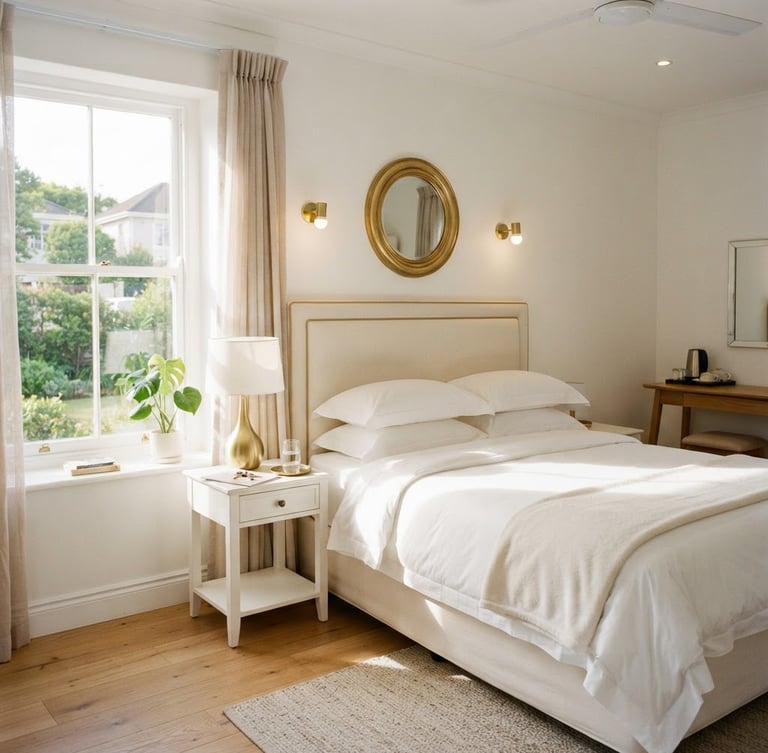 Bright, clean guest room interior at Seethamba Guest House, crisp white linens on a comfortable bed, warm natural light streaming through a window, gold accents, professional 35mm photography