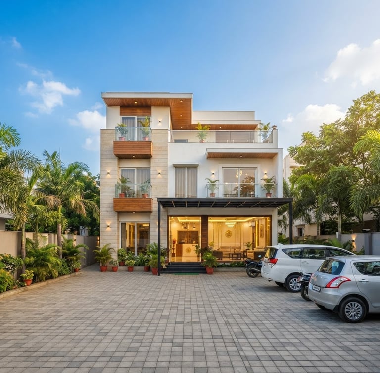Bright daytime exterior of a modern guest house building in Tenali, clean paved parking area, blue sky, warm sunshine, 35mm lens