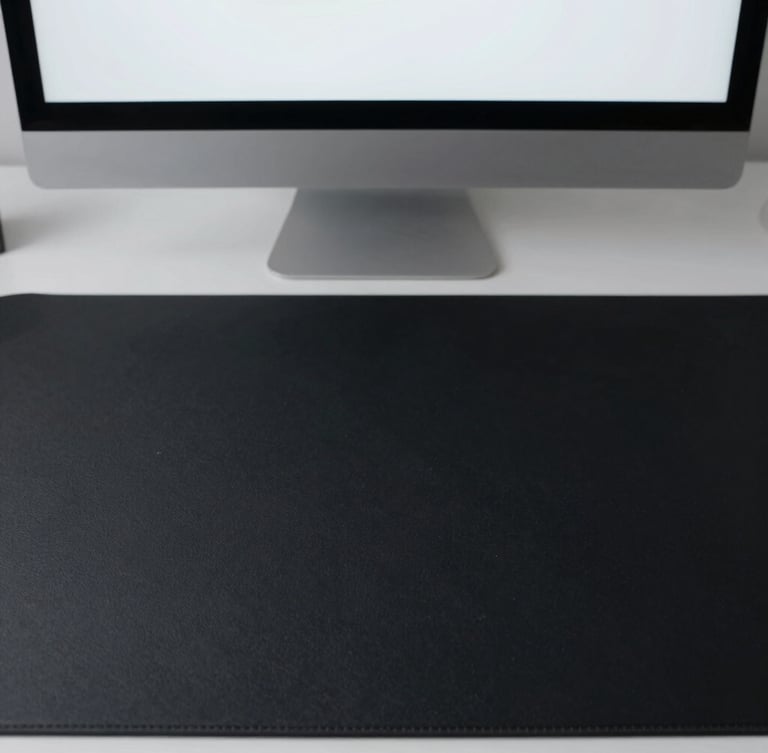 Top-down view of a clean minimalist desk setup, single sleek monitor displaying plain text, matte black desk mat, soft natural side light