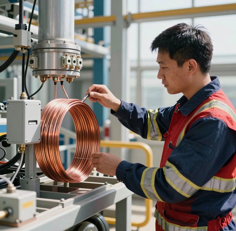 An engineer in high-visibility gear inspecting a copper wiring loop and terminal box inside a clean industrial facility, daylight.