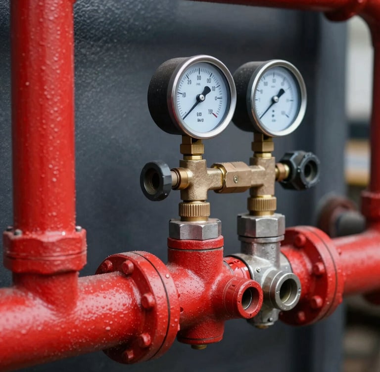 Close-up macro shot of heavy-duty red piping joints, pressure gauges, and steel fittings in an industrial plant, high-contrast crisp shadows.