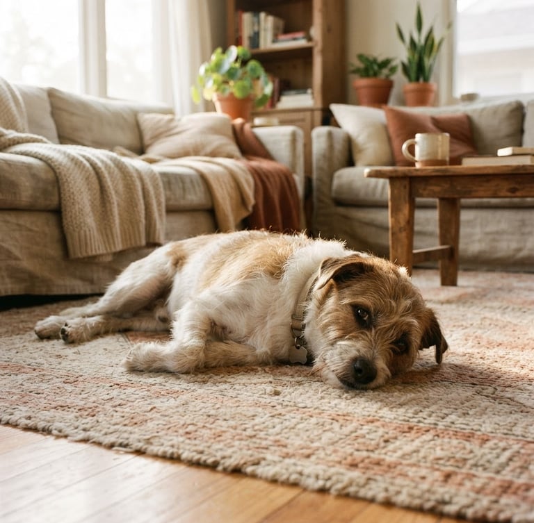 A rescue dog lying calmly on a soft rug in a sunlit living room, eye-level shot, warm natural daylight, peaceful atmosphere, 35mm film style