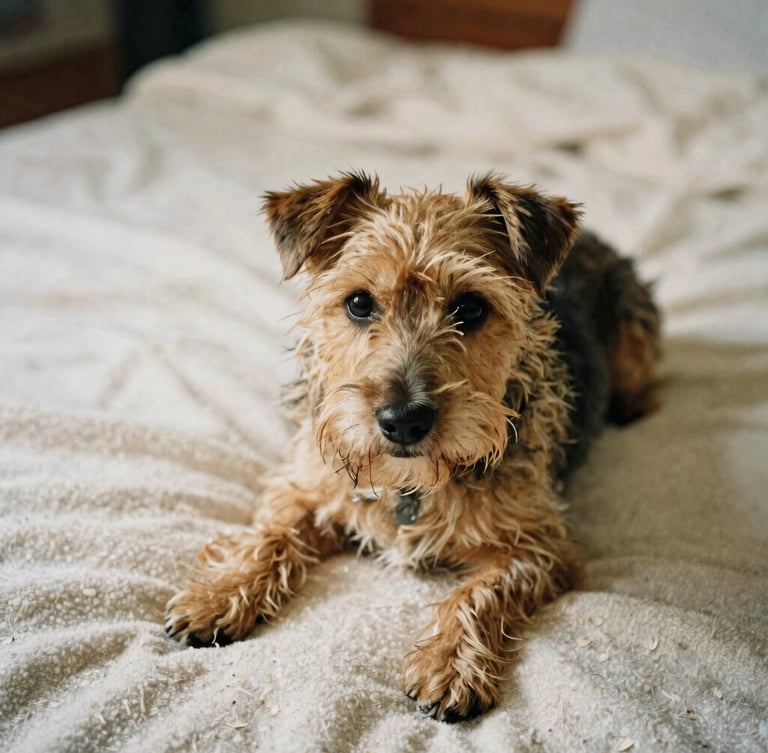 Candid eye-level portrait of a scruffy terrier decompressing on a soft oatmeal blanket, looking calmly toward the camera. Warm natural indoor daylight, muted earth tones, 35mm film style, intimate framing.