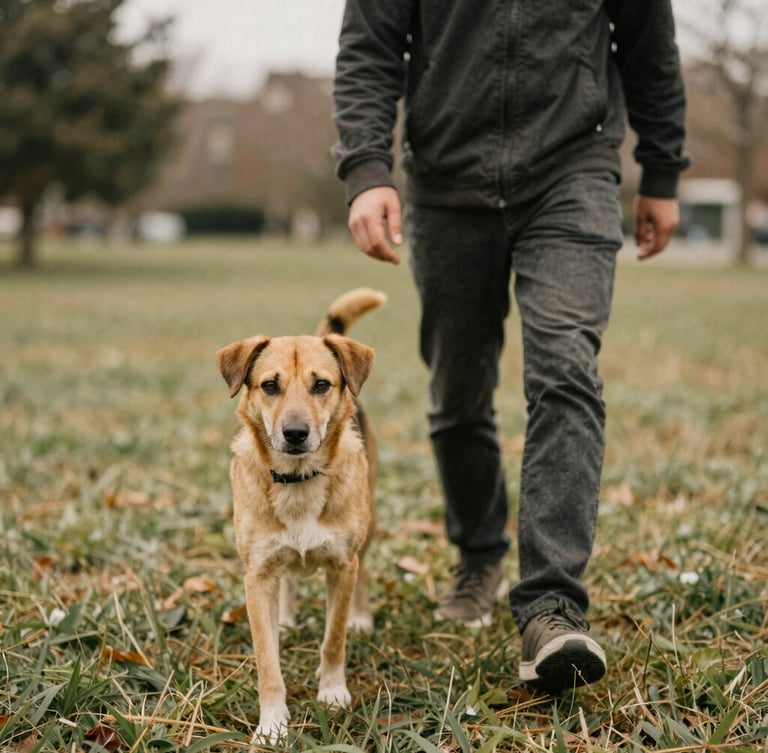 Ben walking patiently beside a relaxed mixed-breed rescue dog in an overcast grassy park, intimate eye-level shot, natural muted earth tones, 35mm film style