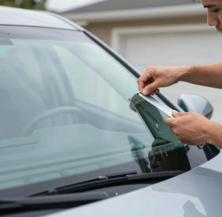 Close-up of professional hands installing a certified windshield on a modern car in a driveway, bright overcast daylight, cool slate tones, sharp focus, 35mm