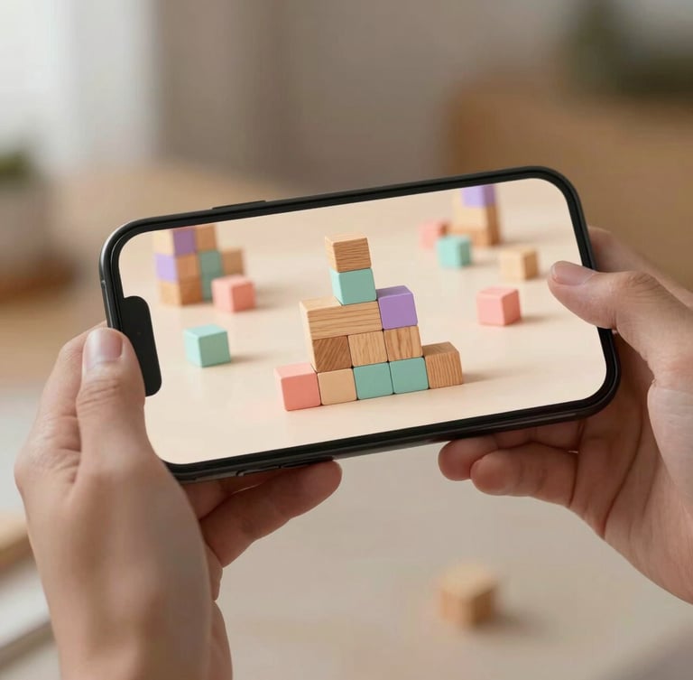 A close-up portrait of a mobile screen held in relaxed hands, displaying a satisfying physics-based cozy puzzle game with wooden and pastel-colored blocks, soft natural studio light, realistic gentle drop shadows.