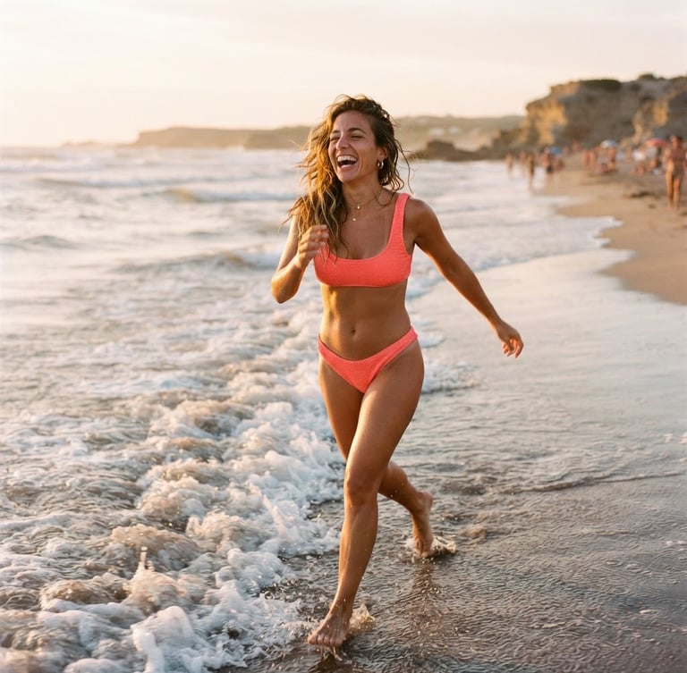 Dynamic action shot of a woman laughing on an Argentinian beach, warm golden-hour sunlight, wearing a vibrant coral bikini, 35mm editorial photography.