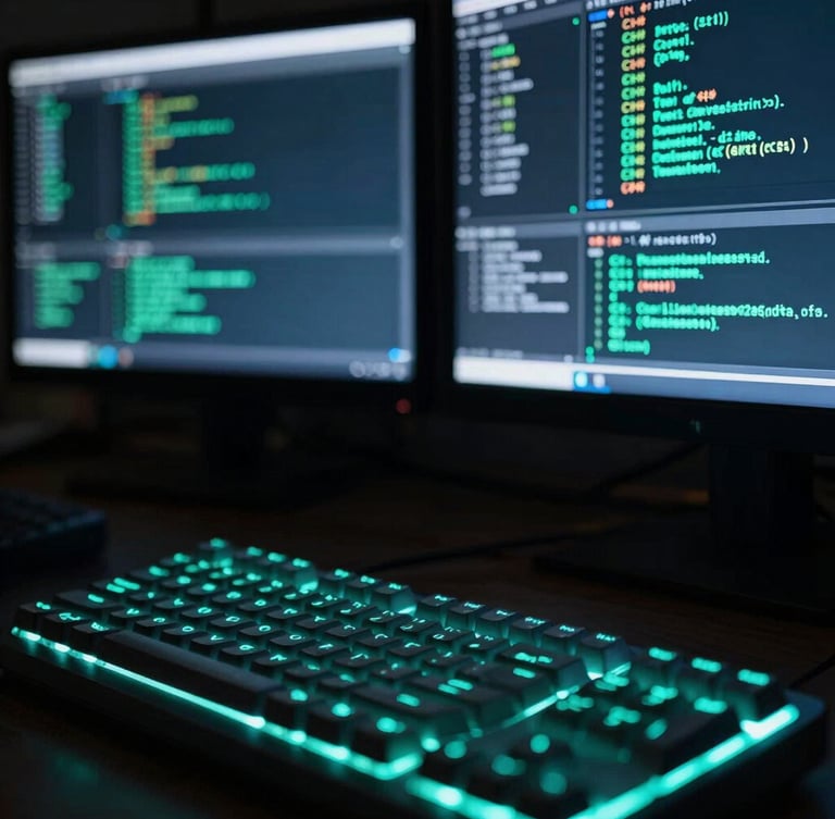 Macro close-up of a clean developer workstation, glowing mechanical keyboard, multiple vertical screens displaying complex system telemetry and raw C# code, neon-cyan backlighting, dark atmosphere, 35mm