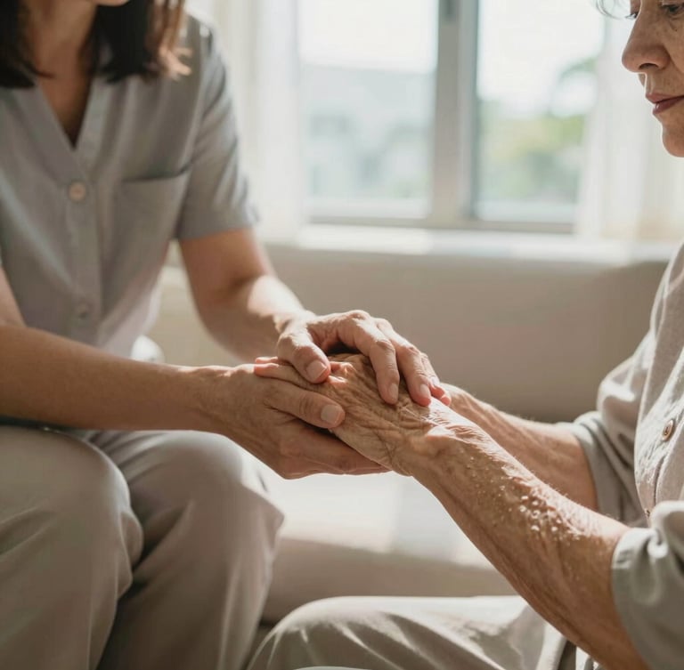 Warm editorial photography of a caregiver gently holding the hand of an elderly woman in a sunlit Miami living room, soft natural window light, shallow depth of field, 35mm