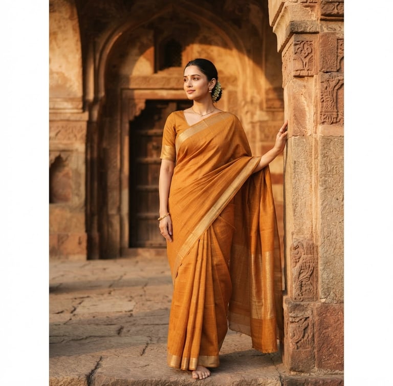 A medium-long shot of a woman wearing a premium ochre hand-woven silk saree, draped in a modern minimalist style, standing against a rustic heritage archway in New Delhi, warm golden-hour sunlight casting soft shadows.