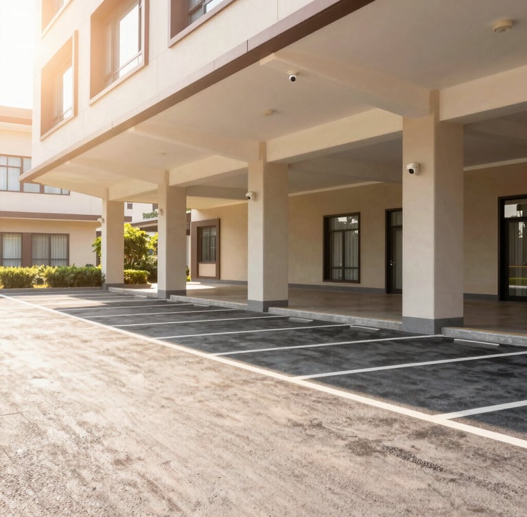 Bright daytime photo of a clean, secure, well-lit hotel parking lot with modern security cameras visible, warm sunlight, professional architectural photography