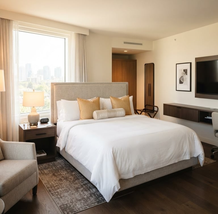 Bright modern hotel room interior, crisp white linens on a king bed, warm gold accent pillows, natural window light, 24mm lens, realistic hotel photography.