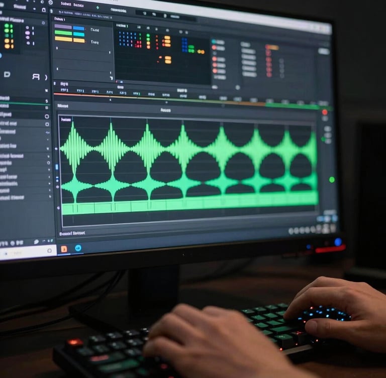 An extreme close-up of a premiere pro editing timeline on a glowing monitor, neon green audio waves, hands adjusting a mechanical keyboard in a dark room