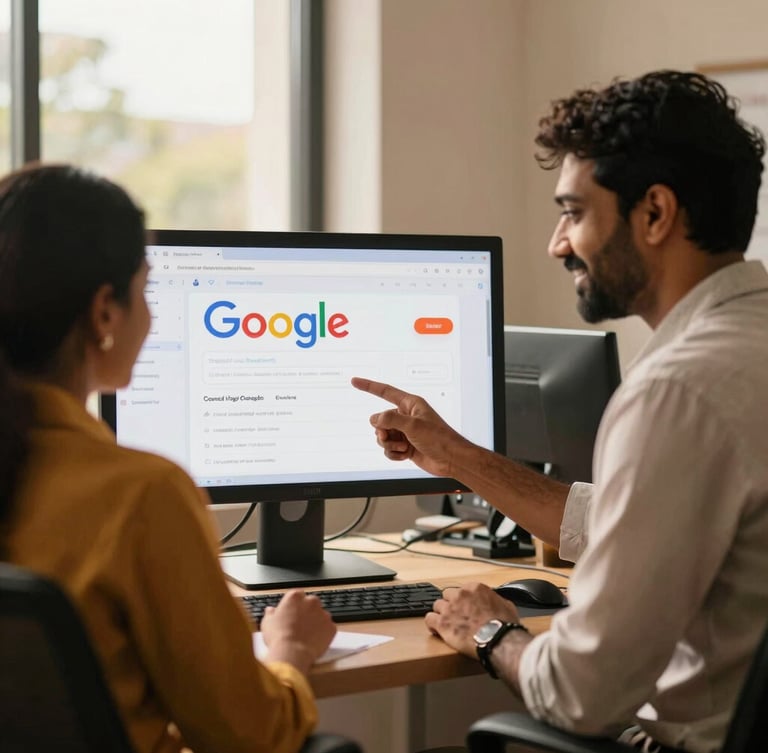 Warm editorial photography of a modern Tamil Nadu office, soft natural window light, a developer showing a high-ranking Google search result on a screen to a smiling local business owner.