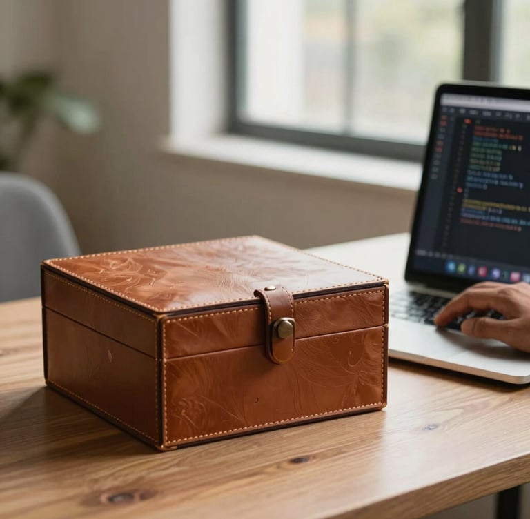 Warm editorial photograph of a modern Tamil Nadu workspace, a developer's hands typing code on a laptop beside a beautifully crafted leather corporate gift box, soft natural window light, 35mm lens