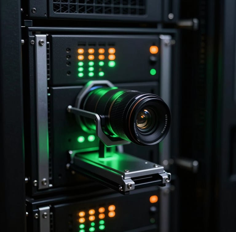 Macro shot of physical mobile test rigs in a dark server rack, glowing green and orange status LEDs, low-key high-contrast technical photography, 35mm lens.