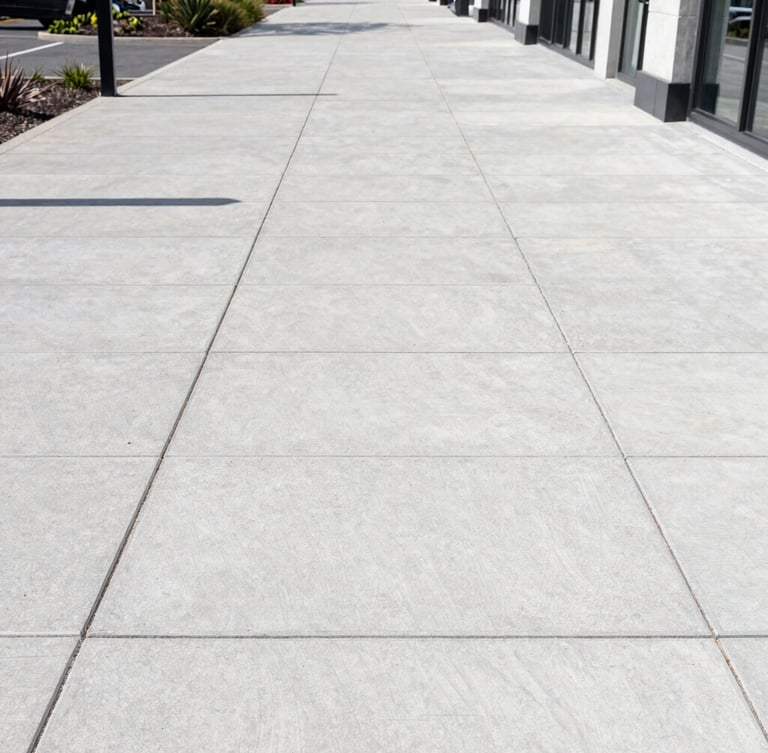 Wide environmental shot of a clean modern commercial retail park walkway in Sheffield, bright natural daylight, crisp focus on restored concrete paving slabs