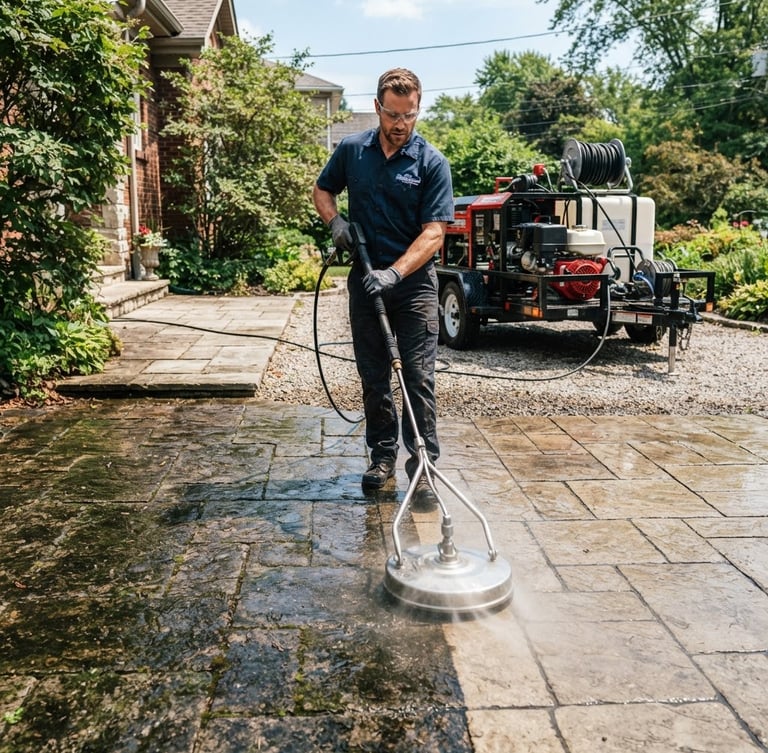 A professional technician operating an industrial-grade pressure washing rig on a weathered stone driveway, bright natural daylight, high-contrast clean outdoor surfaces, sharp focus