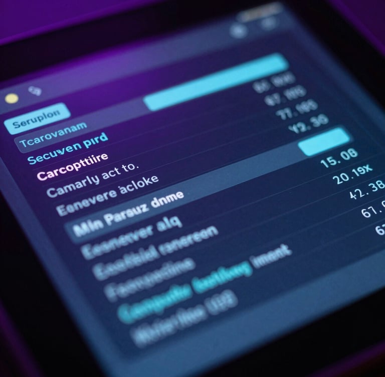 Macro shot of a glassmorphic digital interface displaying secure transaction data, low-key ambient lighting with deep violet and cyan highlights.