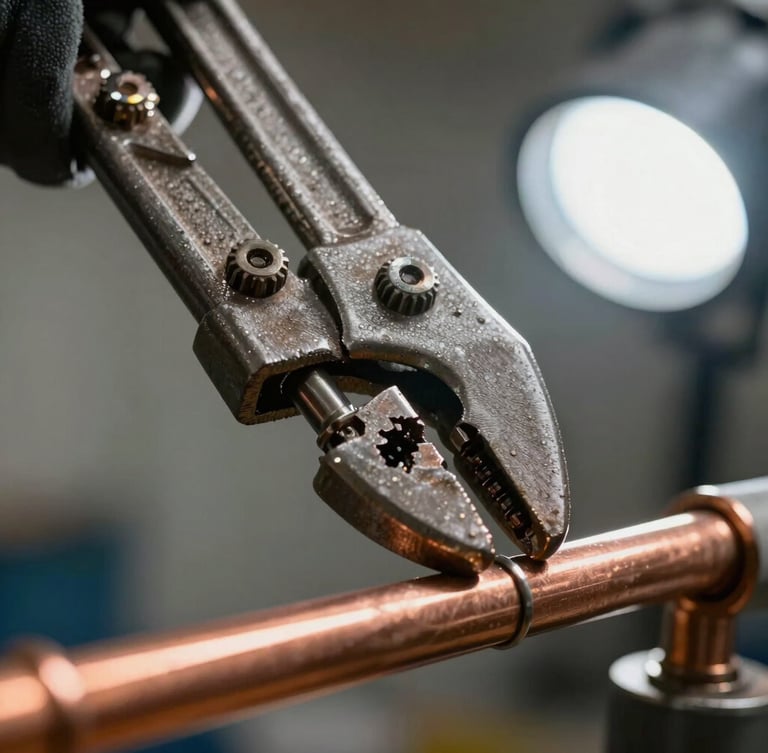 Macro shot of a heavy-duty pipe wrench tightening copper pipes under bright, clear work lights, focused on technical precision.