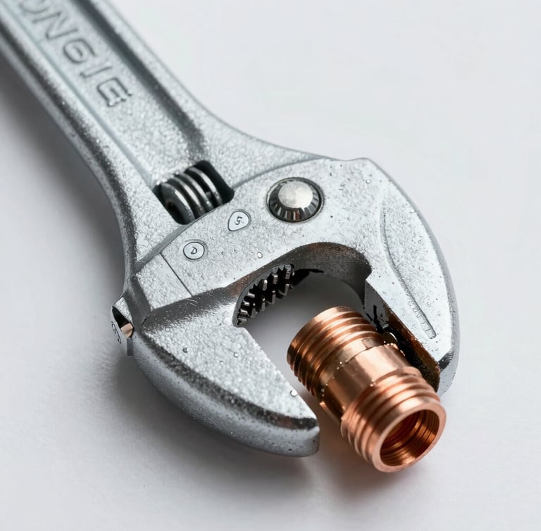 Tight macro shot of professional plumbing tools, a heavy steel pipe wrench gripping a copper joint, bright clean daylight, sharp focus on the metallic texture.