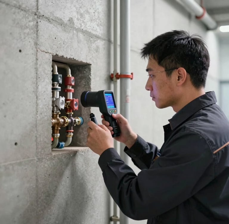 A technician in a clean dark uniform using a thermal imaging camera to inspect hot water pipes behind a modern concrete wall, clear display visible.